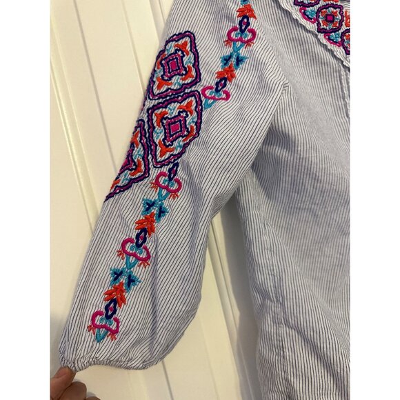 Chicos Embroidered V-Neck Striped Tunic Top Womens Size 1/M/8 Cotton Blend 3/4 S - Picture 6 of 6